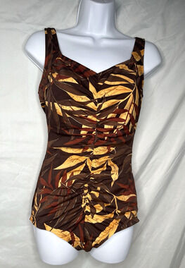Amica Ruched Swimsuit Botanical Print Gold Metallic Accents Womens Size 14
